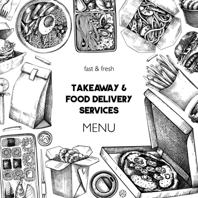Engraved fast food background. Hand-drawn vector illustration. Burger, pizza box, paper bag, coffee cup sketch. Takeaway food menu design. Restaurant delivery banner template